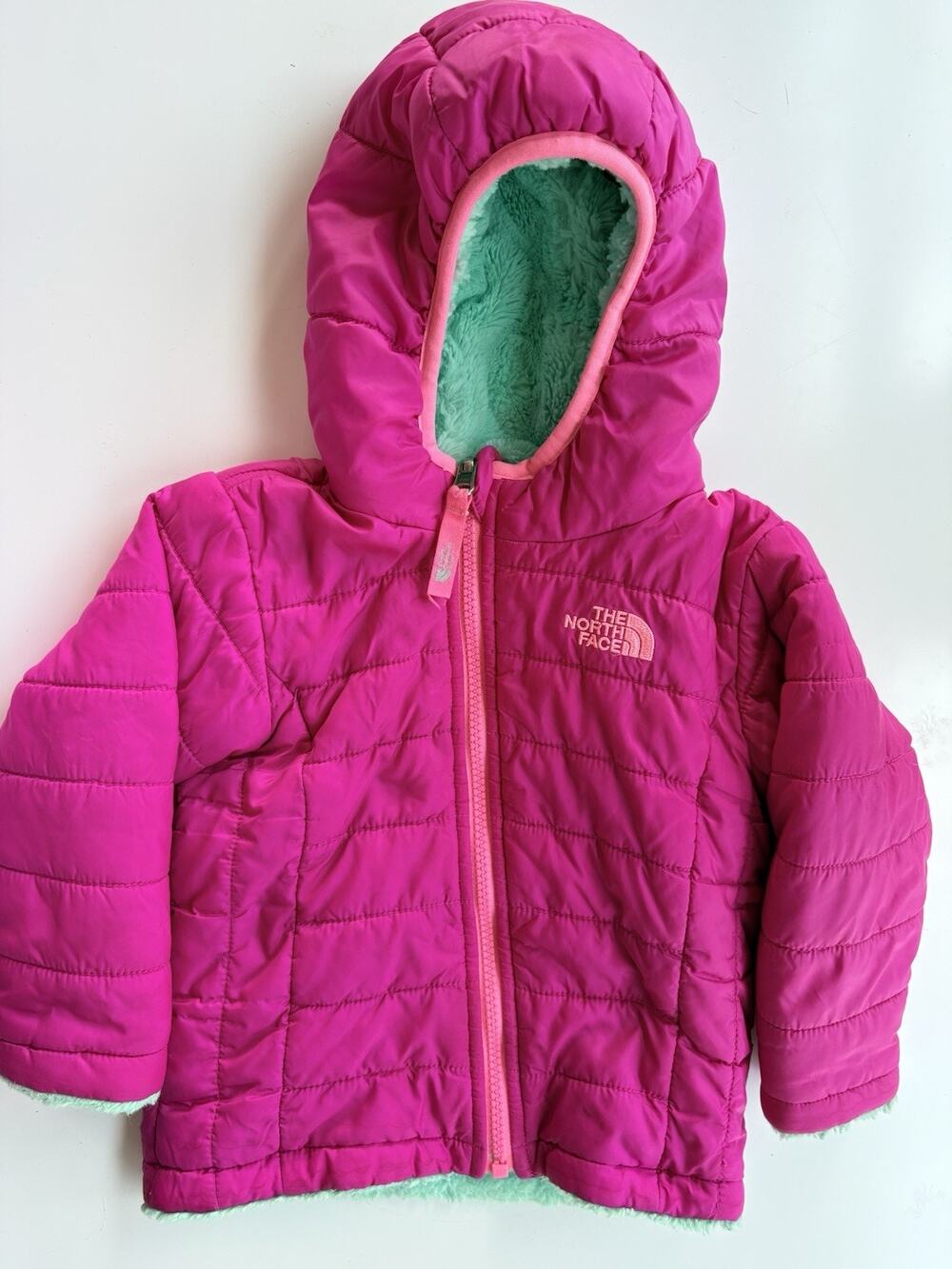 The North Face Infant Puffer Coat 12-18 Months Fleece Lined Pink Aqua Fuzzy Hood
